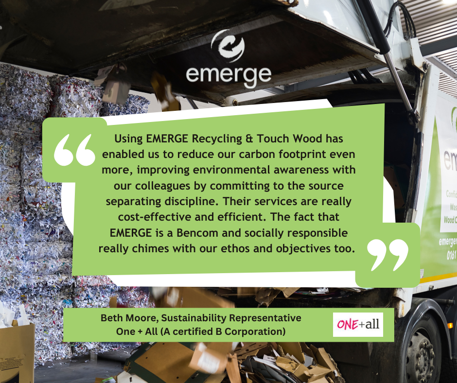 Quote Image overlayed over a photo of an EMERGE Bin truck emptying a load of cardboard