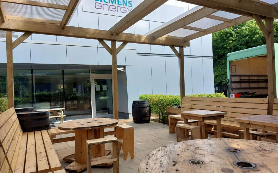 Photo of Siemens Energy's outdoor wellbeing space created by Touch Wood using reclaimed timber